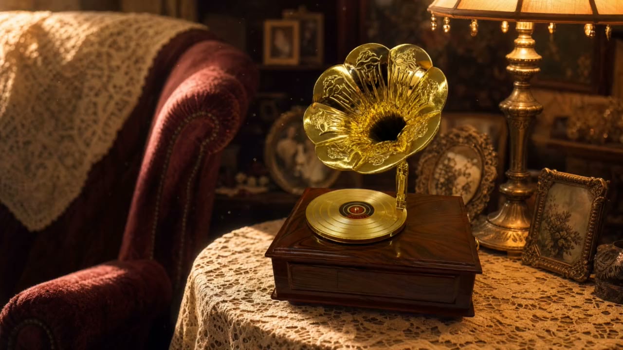 Lambanın sıcak ışığında altın borulu gramofon müzik kutusu