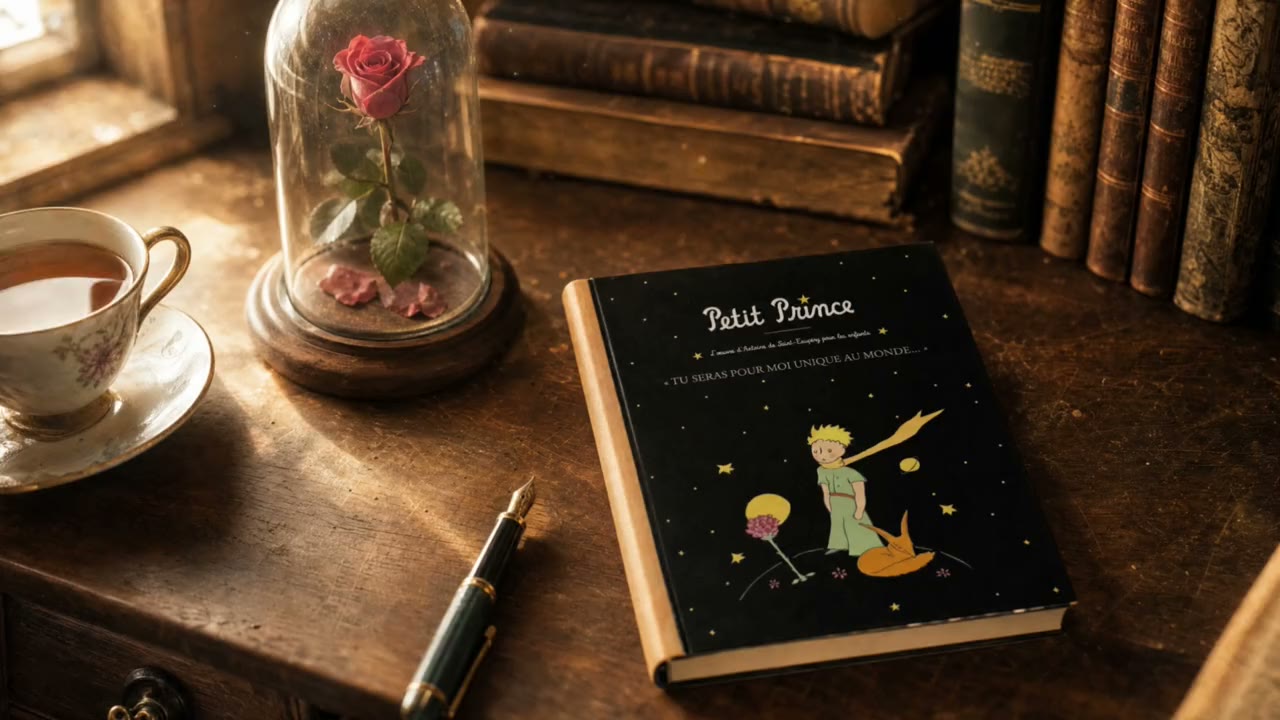 Ahşap masada çay ve dolma kalemin yanında Petit Prince defter