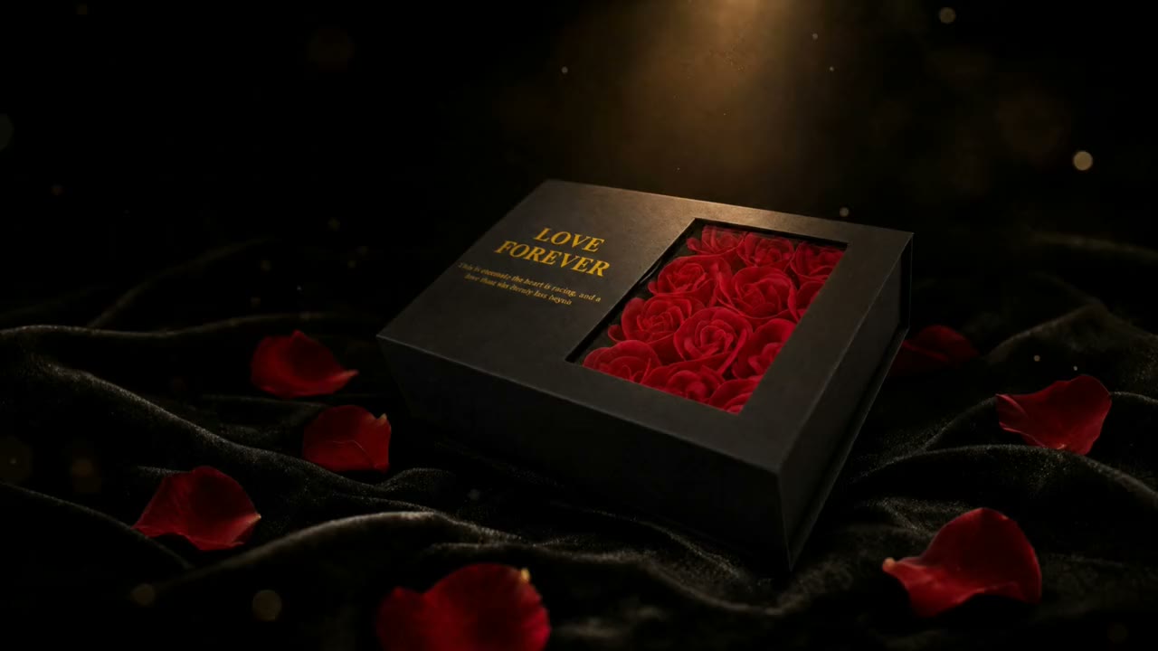 Siyah kadife üzerinde kırmızı güllerle dolu Love Forever kutusu